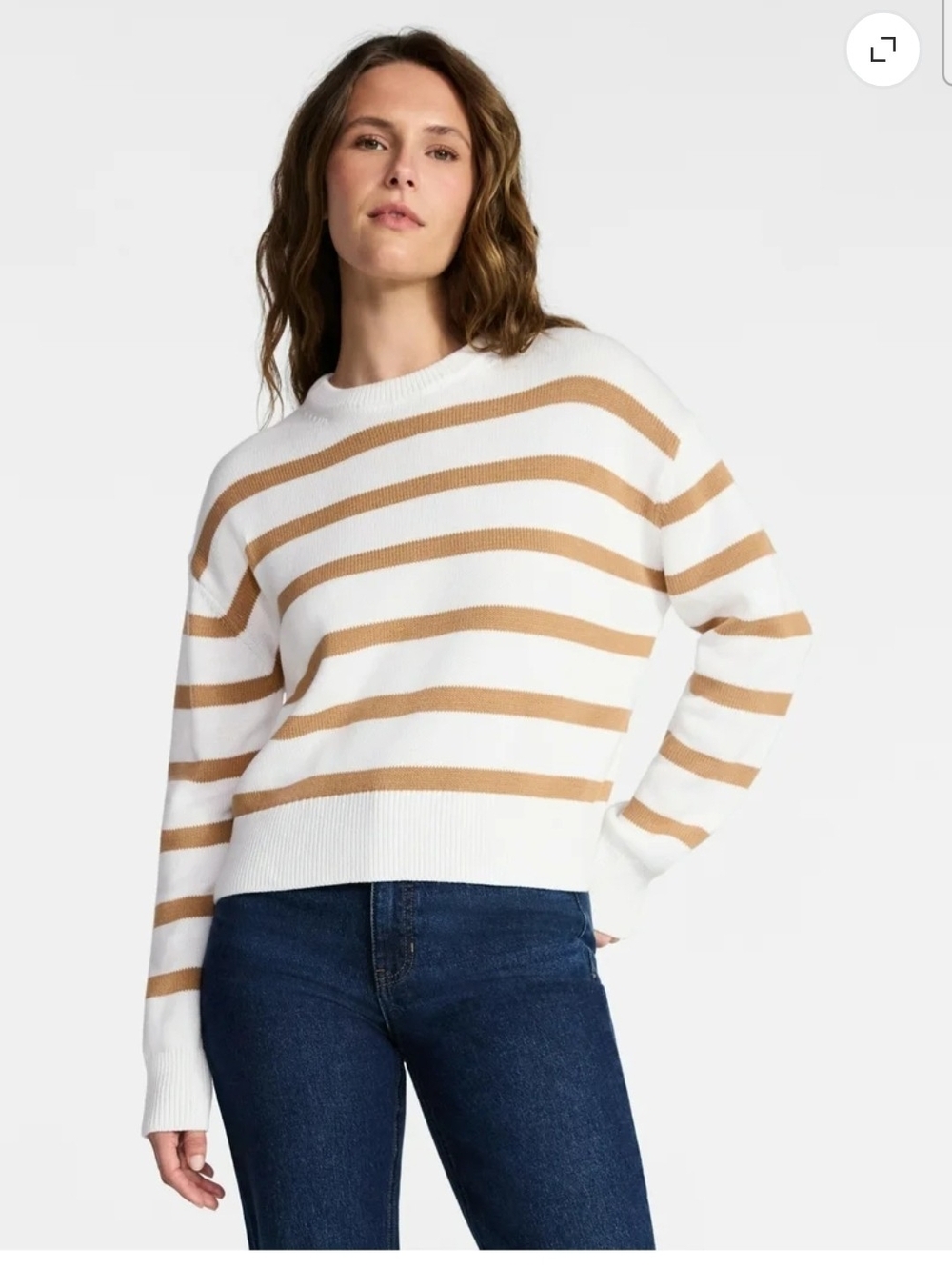 White and Tan Striped Crewneck Sweater - Women Size M (8-10)
